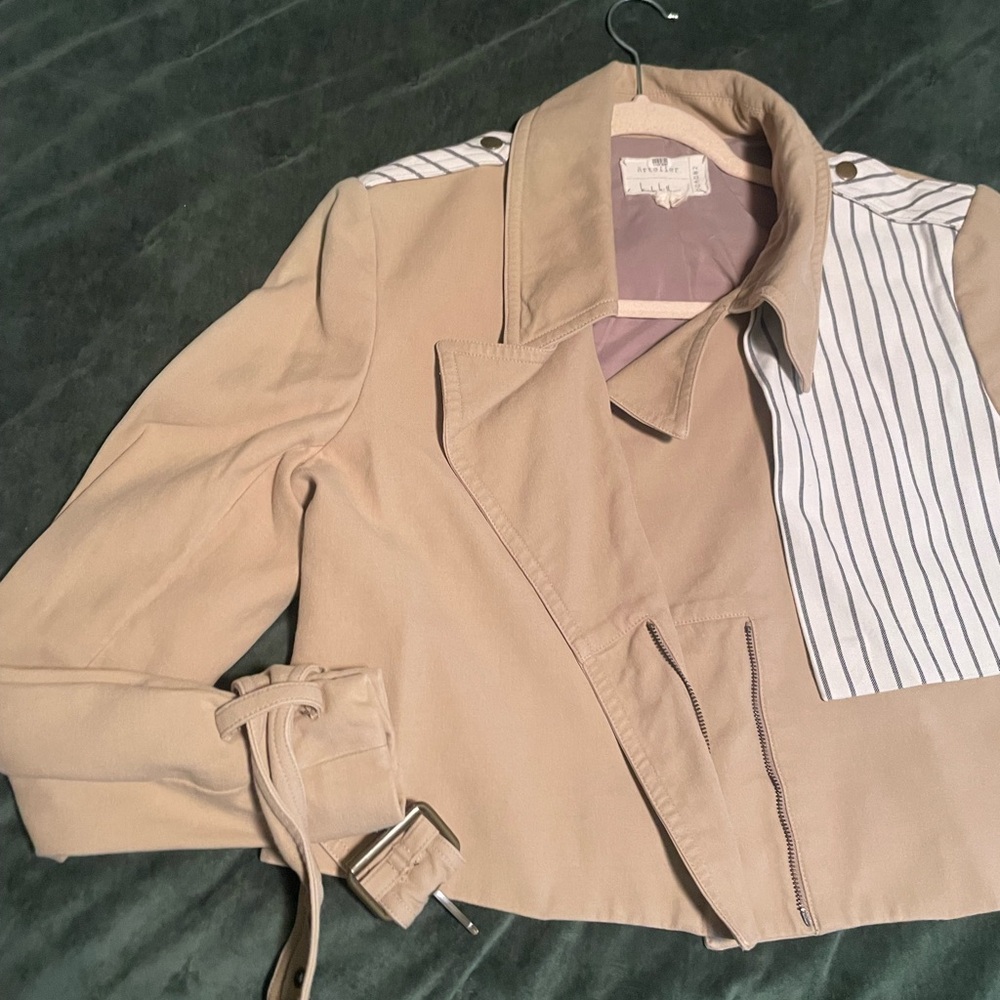 Beige Crop Trench Coat with Striped Accents